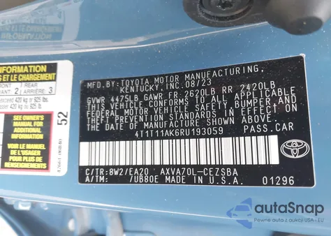 2024 Toyota Camry Se z USA, uszkodzony, nr VIN 4T1T11AK6RU193059